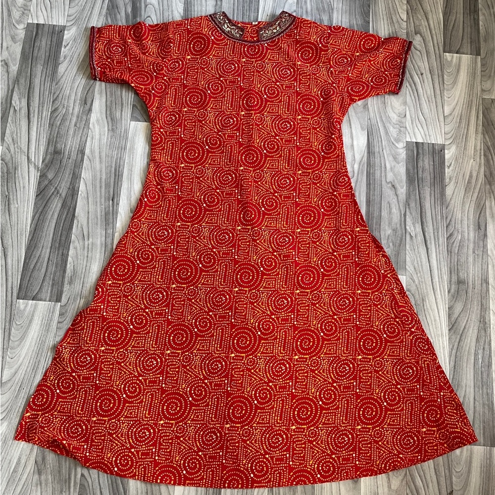 Red and Yellow Midi Dress/Kurta Top??? with Short Raglan Sleeves and Crew Neck